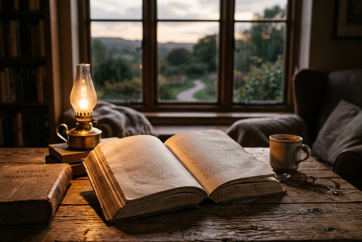 Aufgeschlagenes Buch in warmem Licht auf einem Holztisch, im Hintergrund eine stille Landschaft