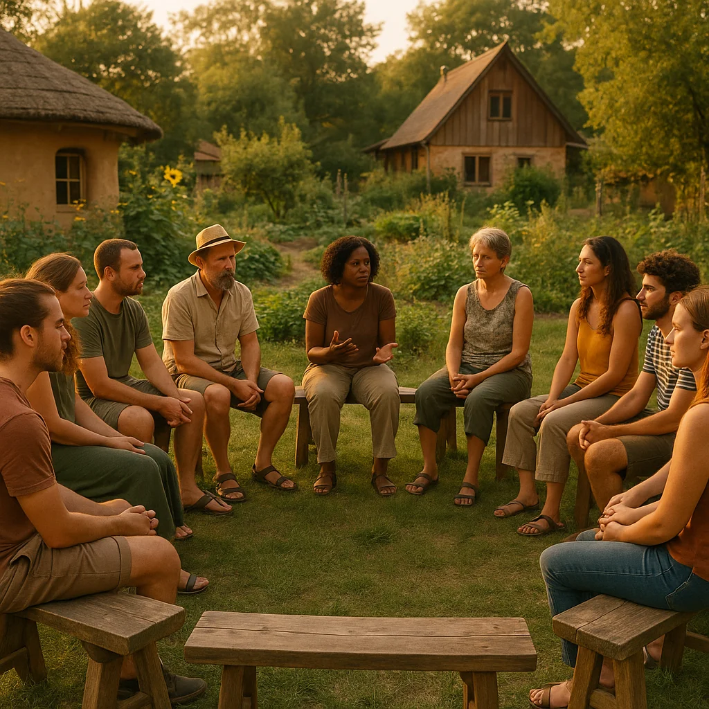 People sitting in a circle during an outdoor community meeting