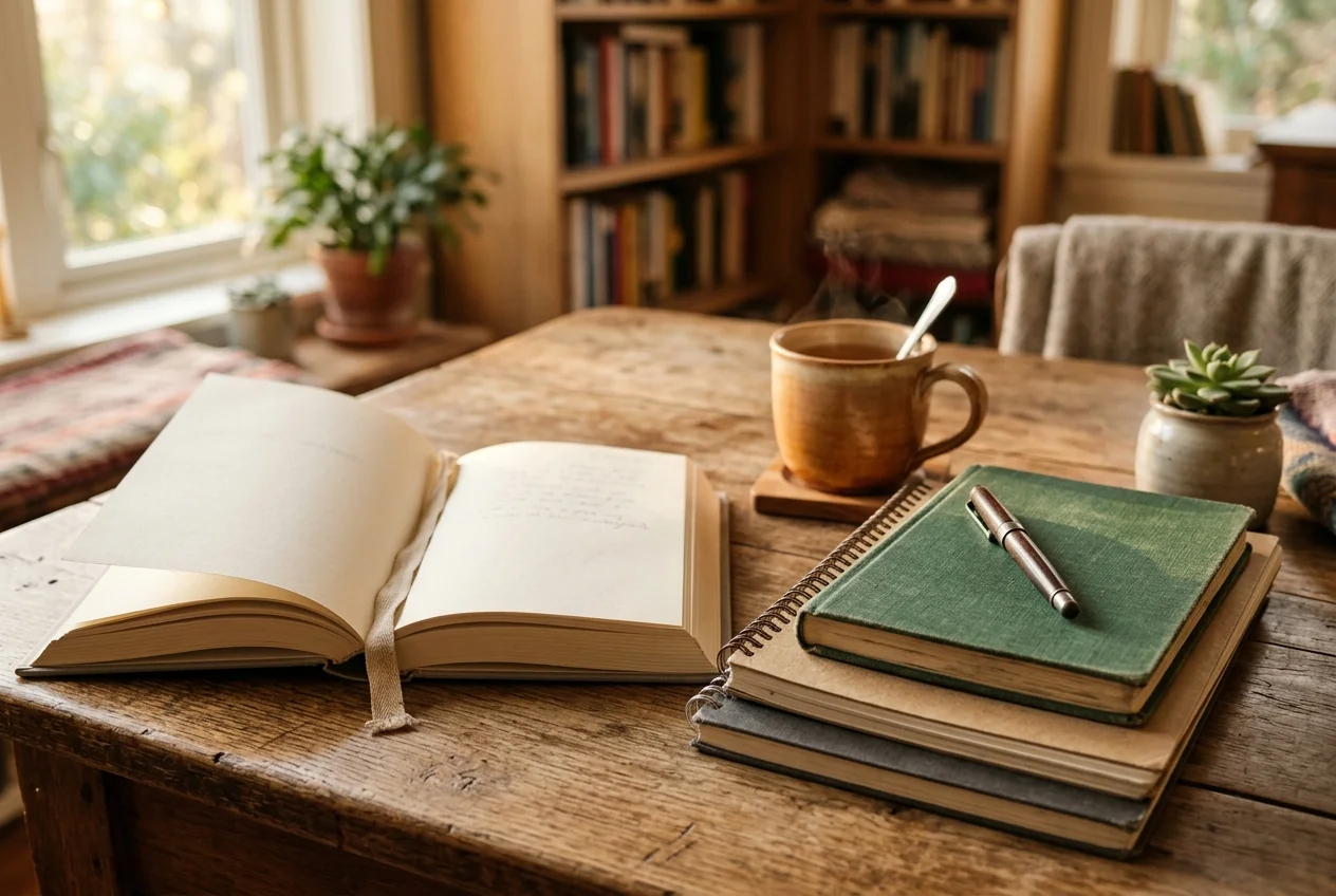 Open book and notebooks on a wooden table in warm light, symbolizing self-directed learning