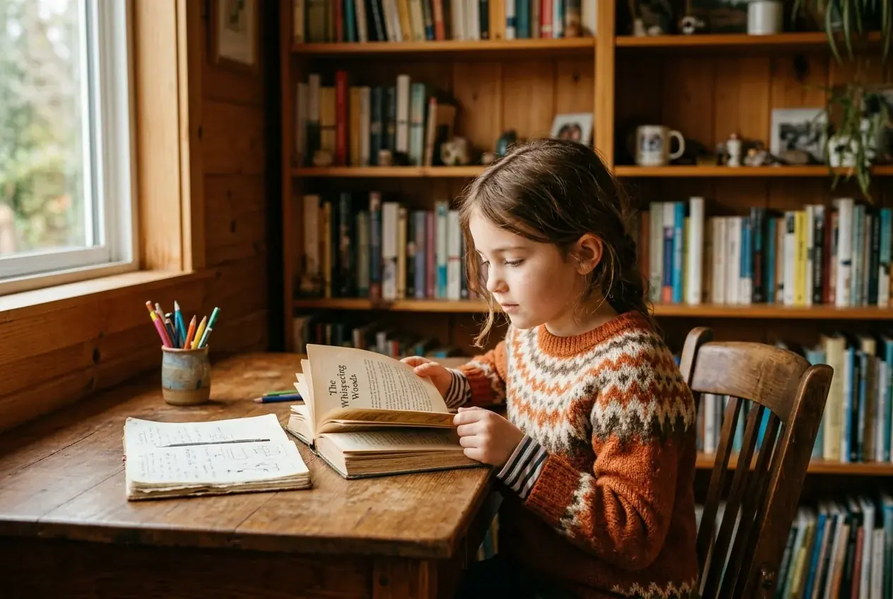 A child reading and learning at a home desk, warm and calm setting