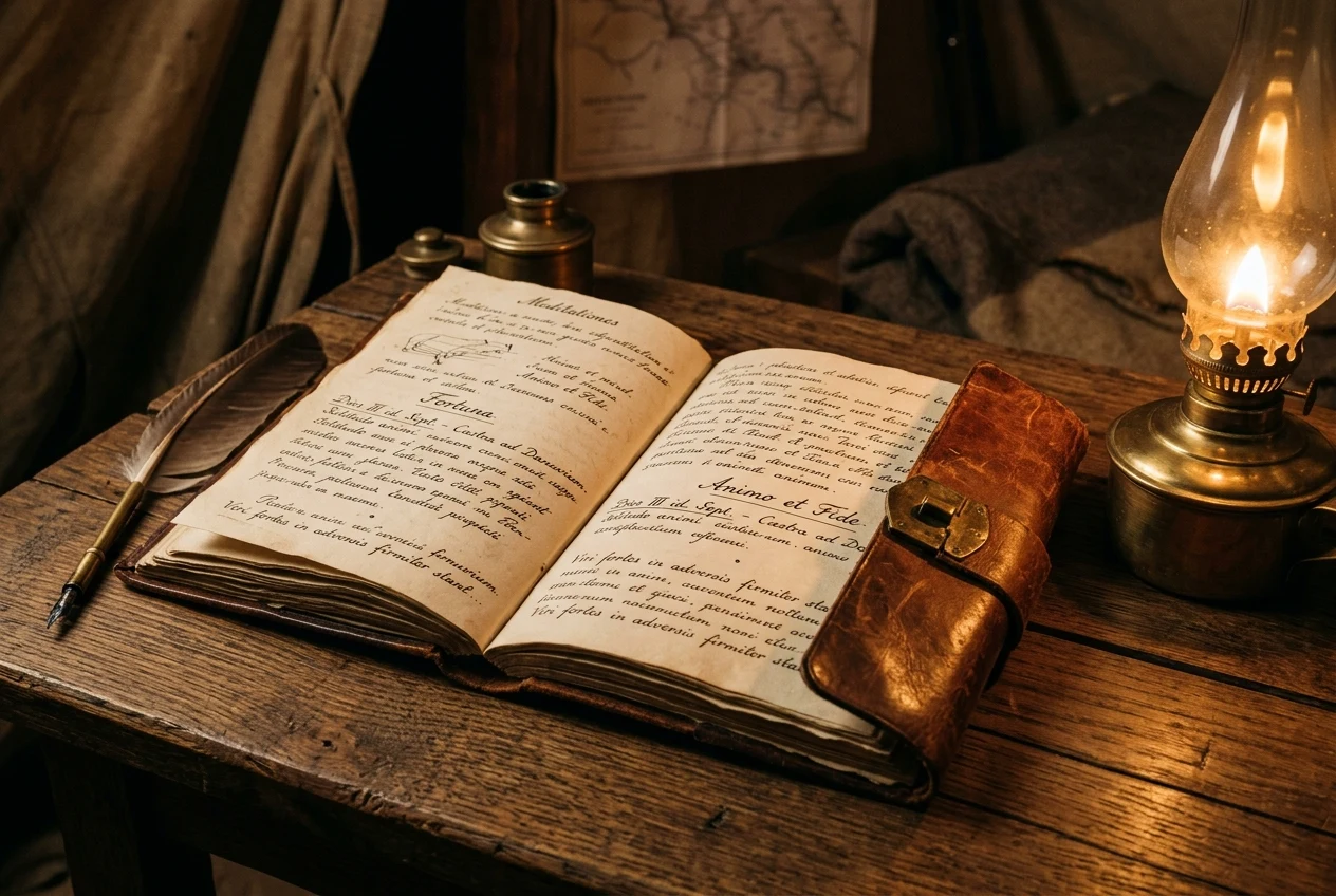 An open old notebook with handwriting under warm lamplight