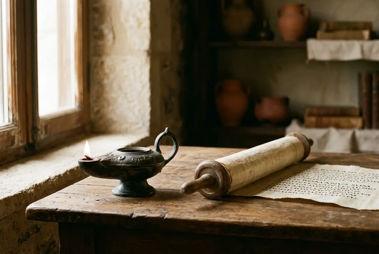 Roman-style still life with an oil lamp, a scroll, and warm natural light