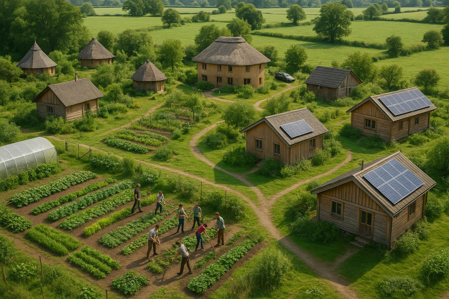 Ecovillage with community garden, wooden houses and solar panels in rural setting