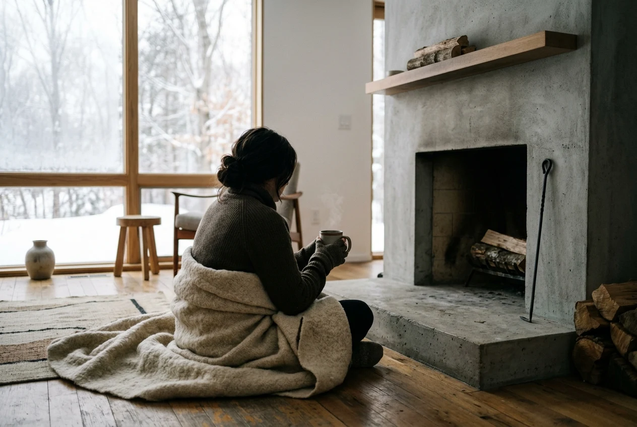 Person wrapped in a plain wool blanket sitting beside an unlit fireplace, natural window light
