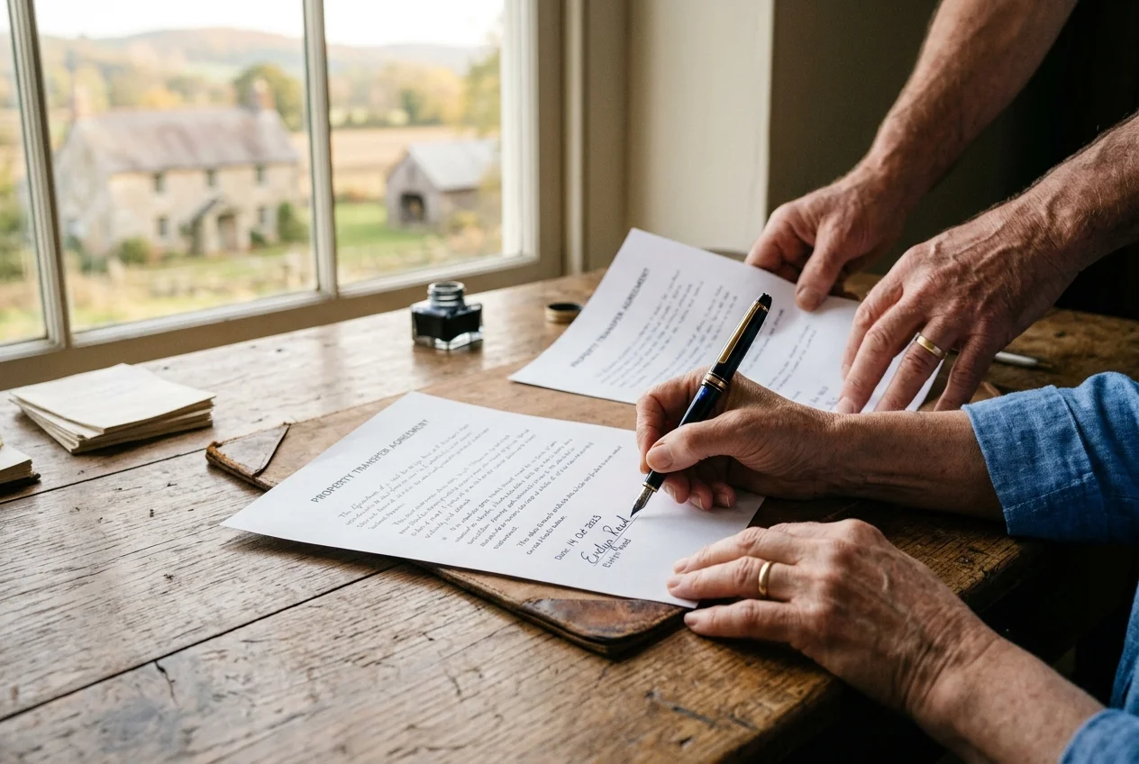Two hands signing a document on a wooden table, a homestead visible out of focus in the background