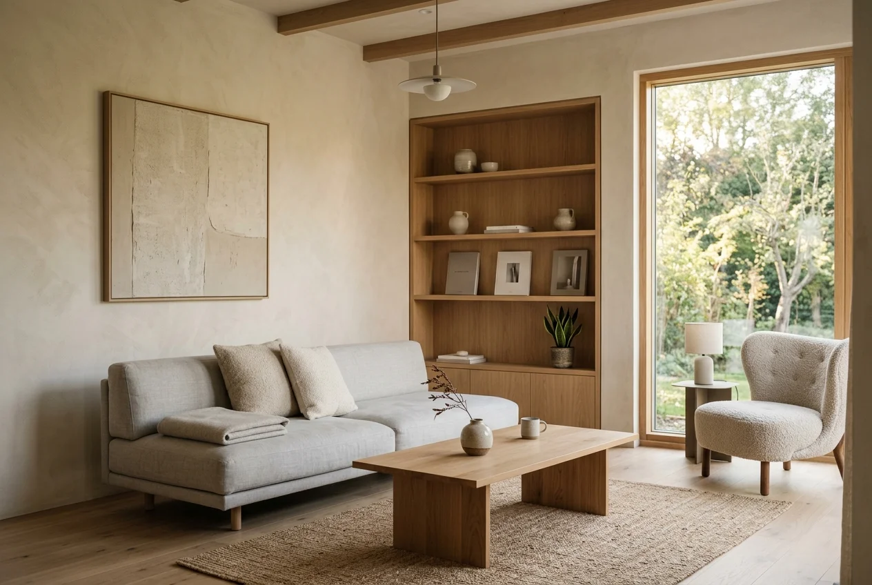 Minimalist, clean, organized living space interior, calm and uncluttered