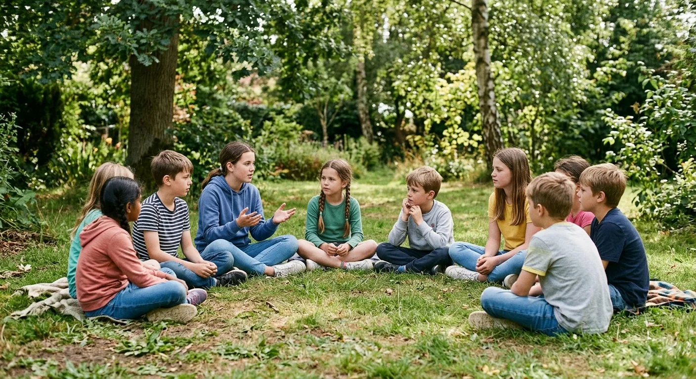 Children of different ages sit in a circle outdoors, discussing together