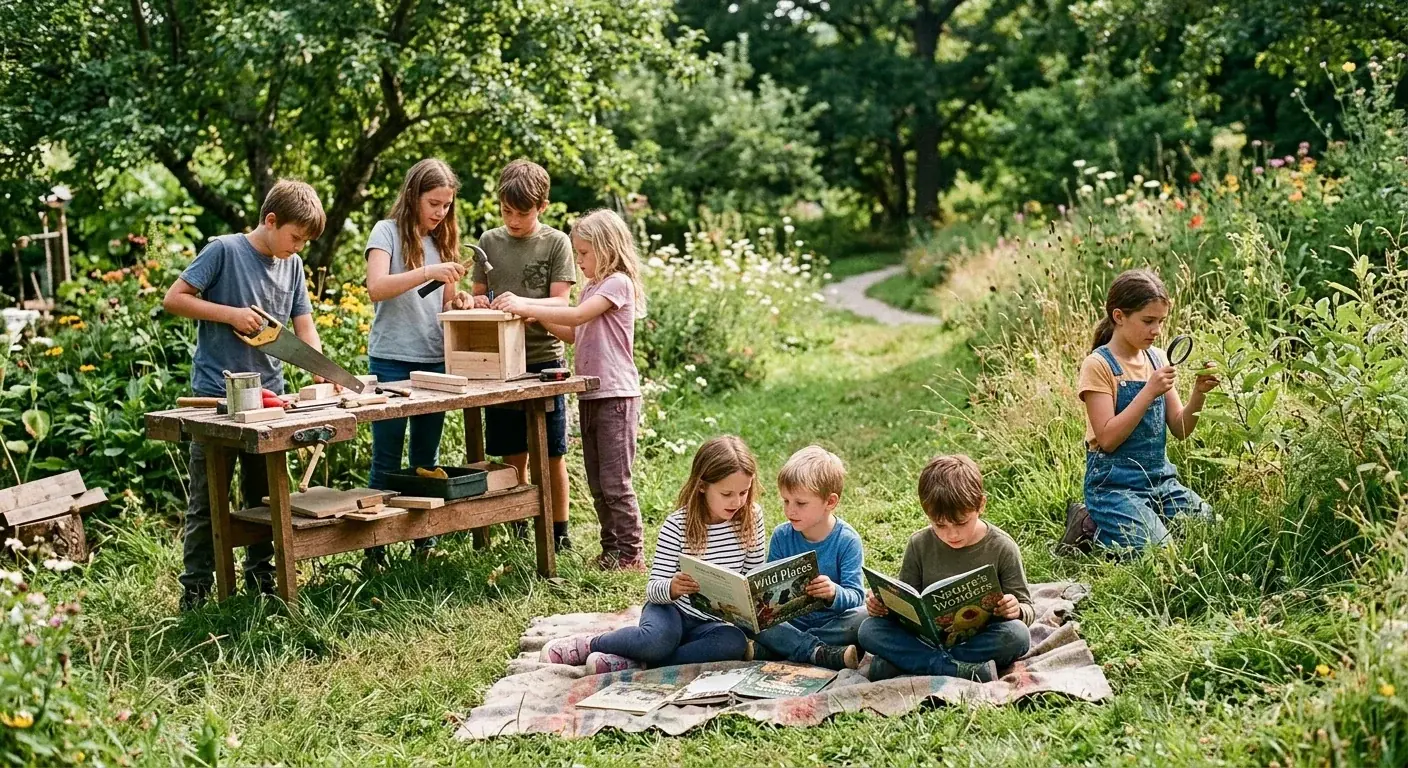 Group of children of different ages learning independently outdoors, without a classroom