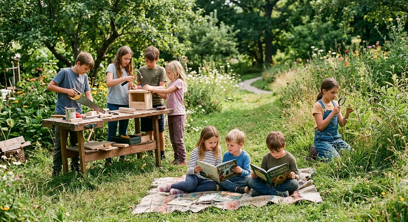 Group of children of different ages learning independently outdoors, without a classroom