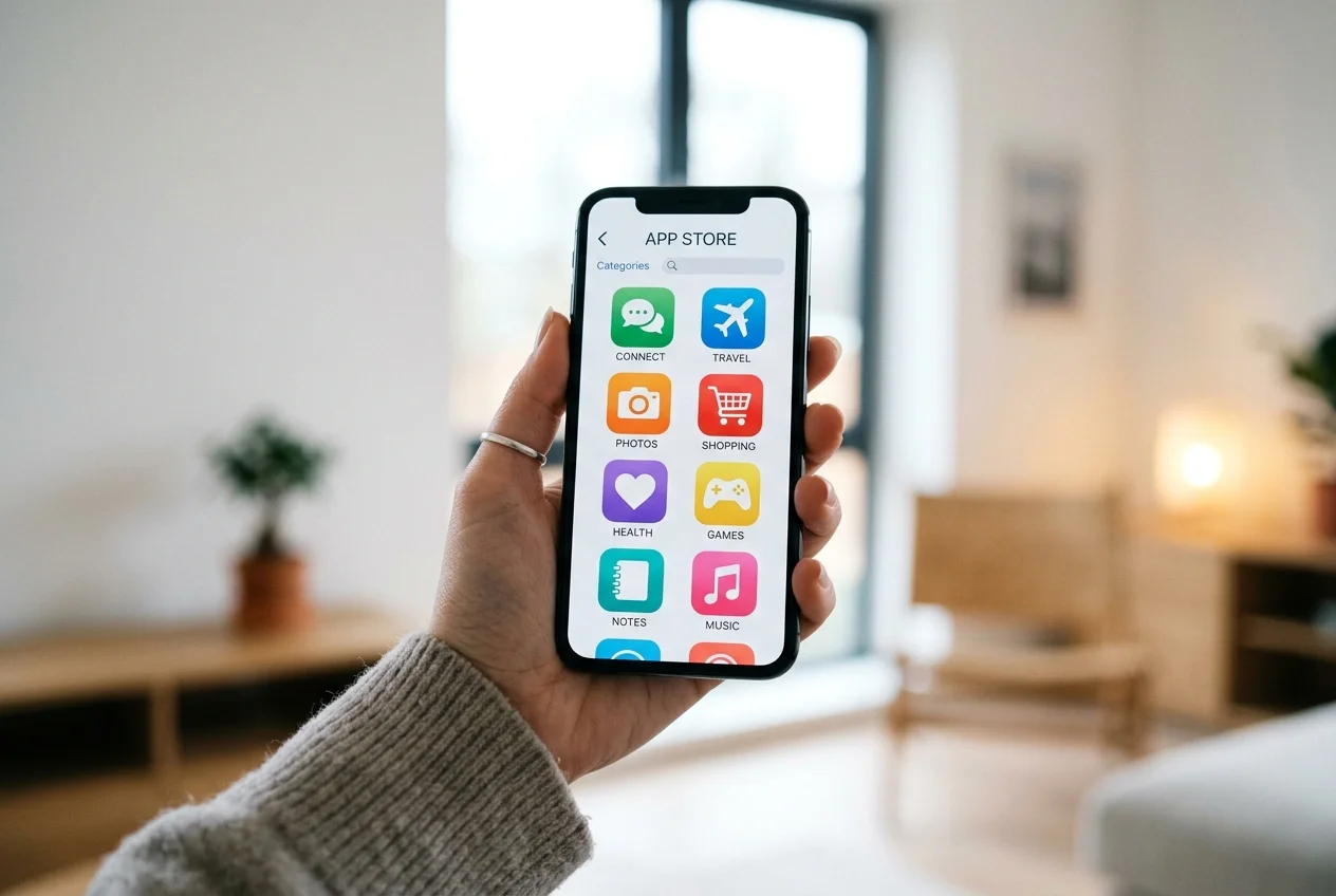 Smartphone showing a generic app-grid interface with no recognizable brand logos