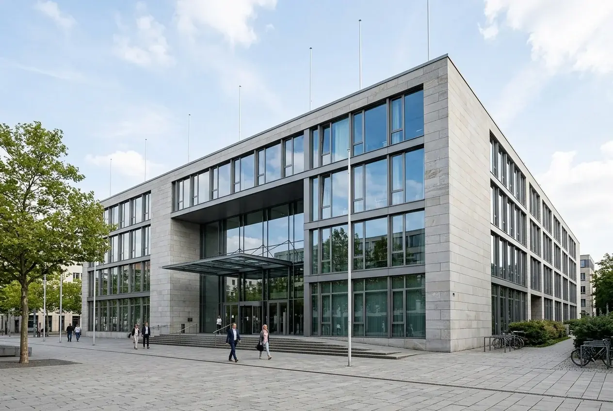 Modern German government office building facade with glass front in daylight