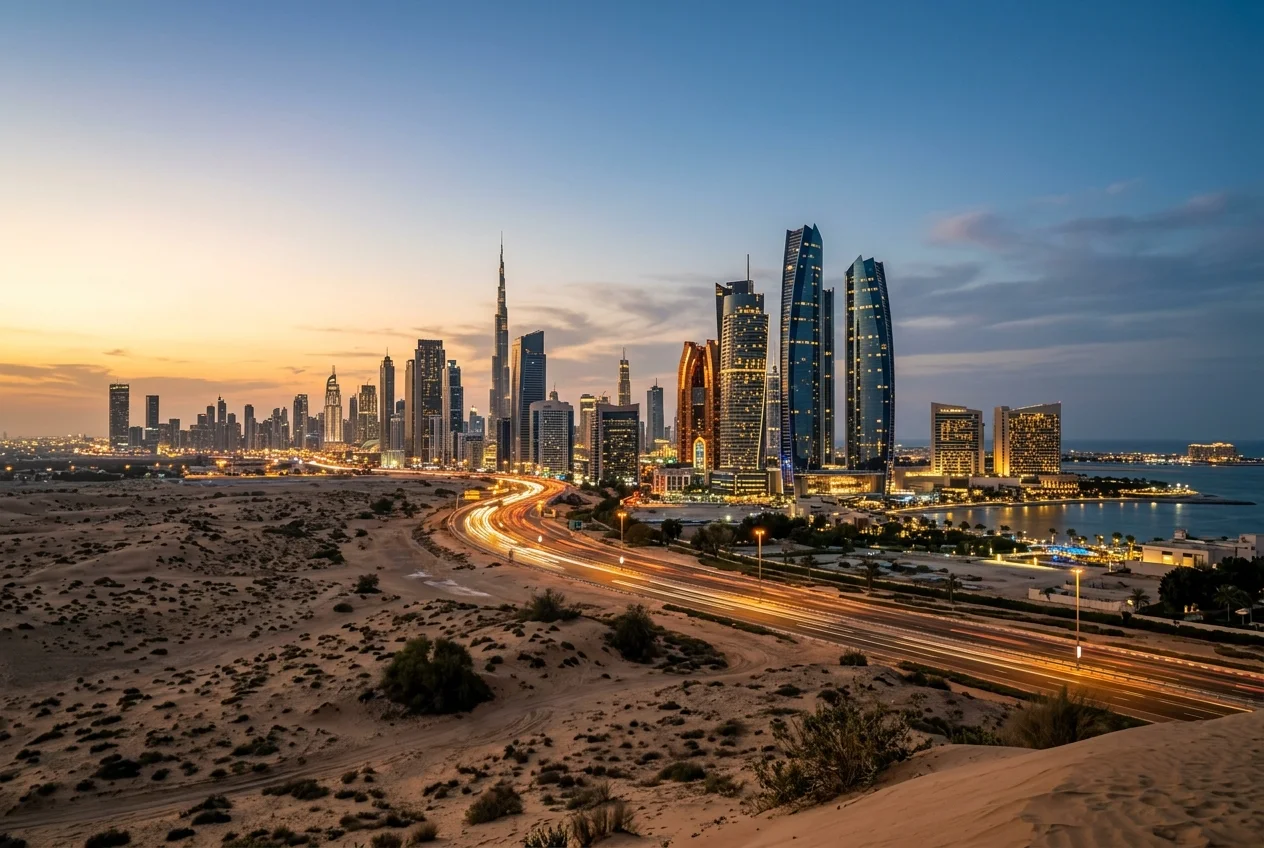 Moderne Wolkenkratzer-Skyline einer Wüstenstadt am Abend, sinnbildlich für die Vereinigten Arabischen Emirate