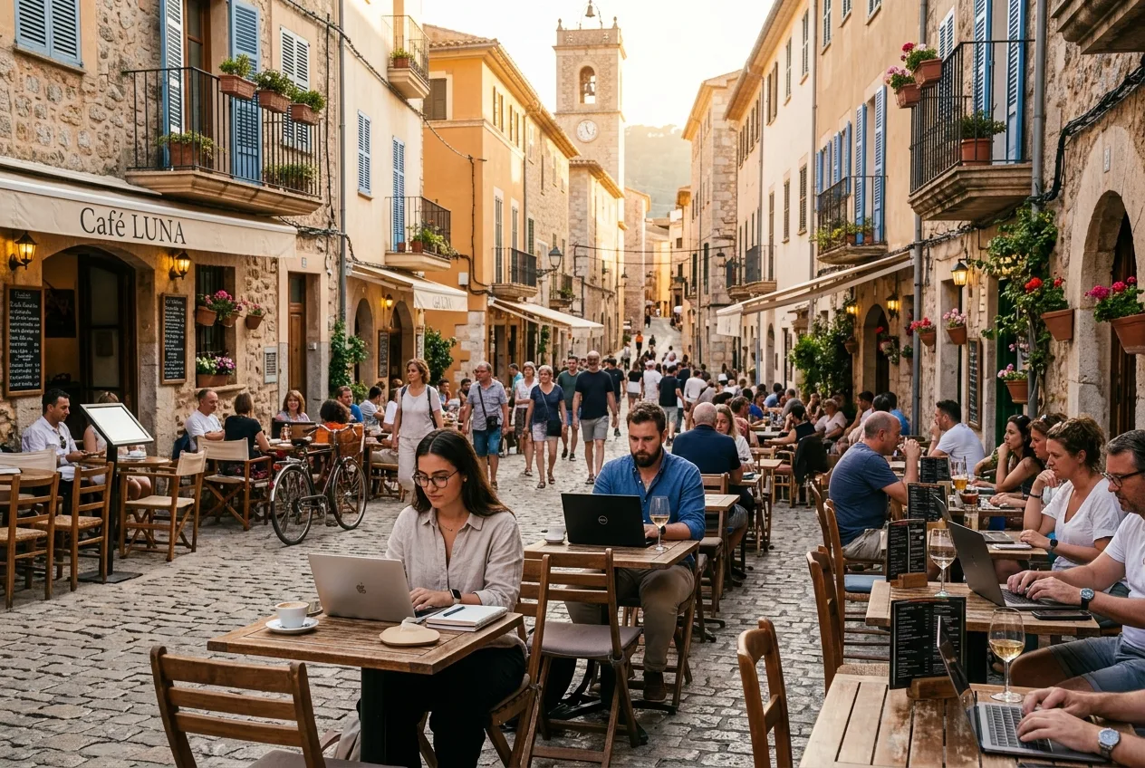 Belebte europäische Altstadtstraße mit Cafés, an denen Menschen mit Laptops arbeiten