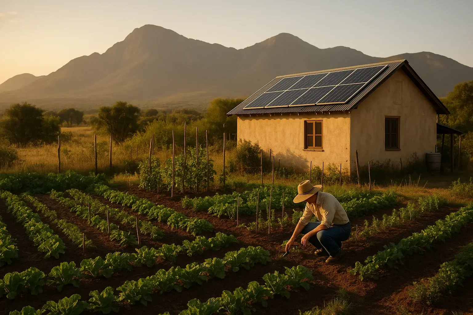 Small homestead with garden and solar panels