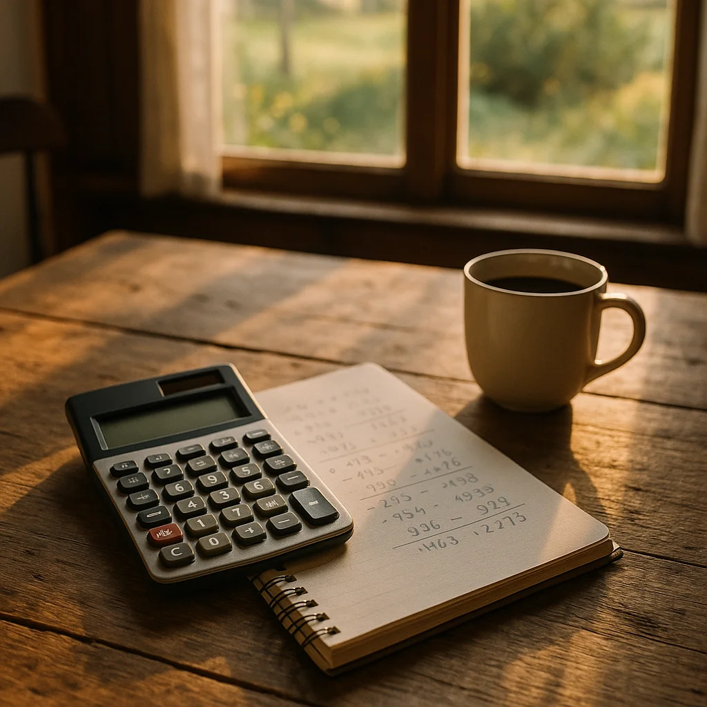 Notebook with FIRE calculations and calculator on a wooden table