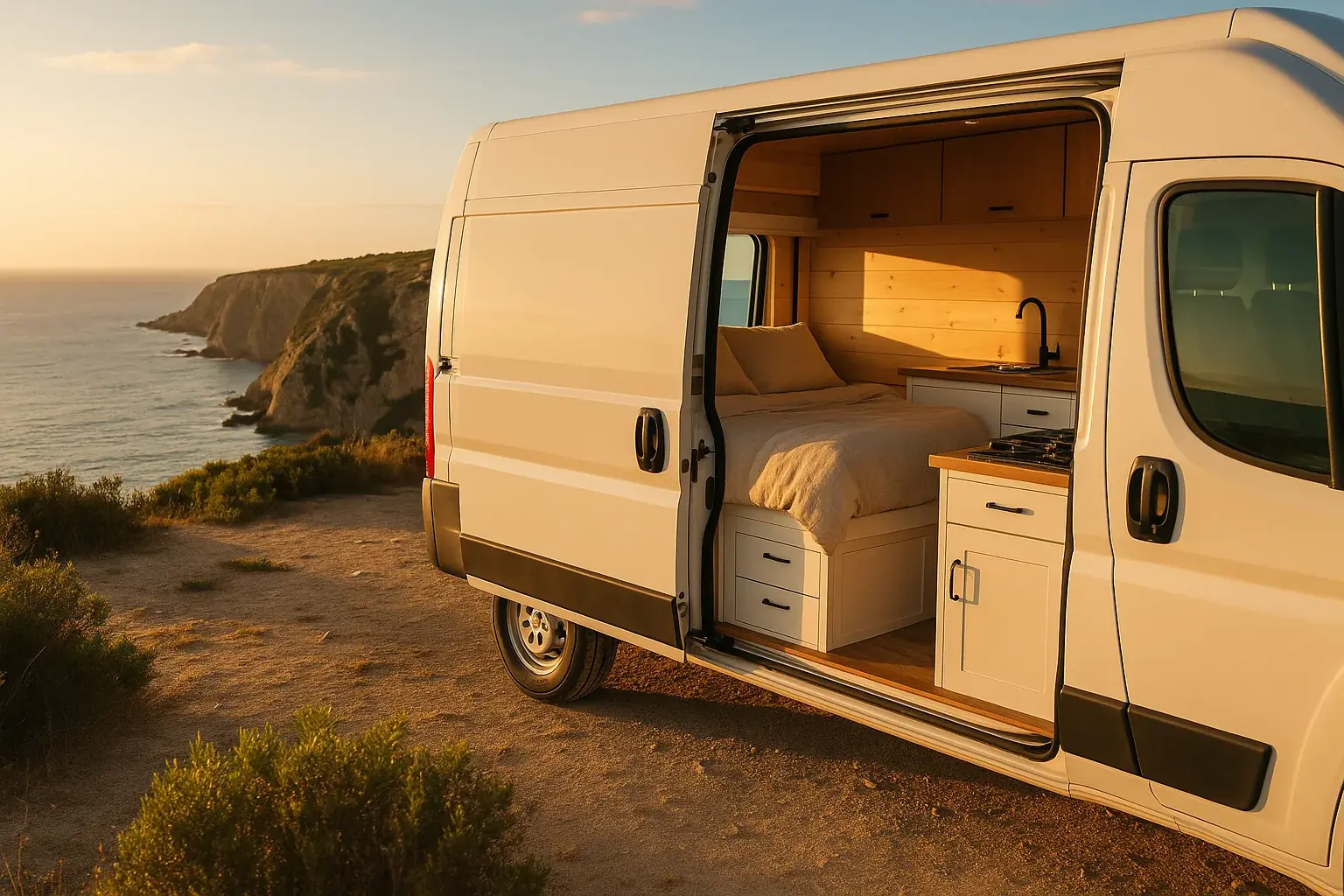 Converted camper van at a coastal overlook
