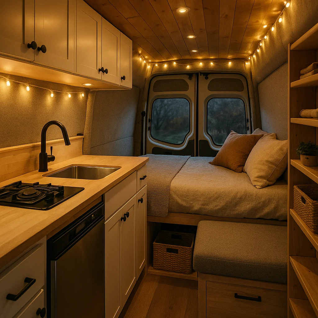Campervan interior with wood paneling, compact kitchen, and bed