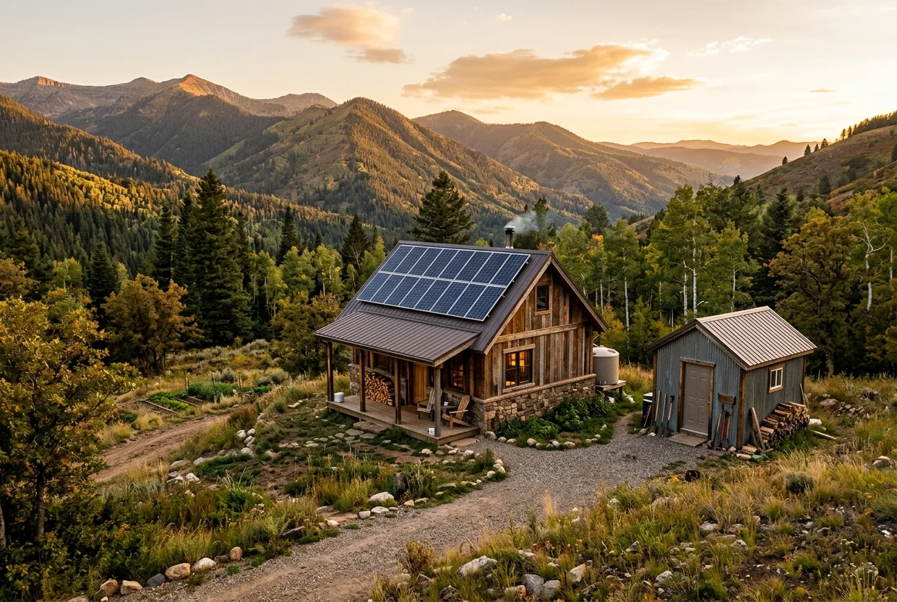 Off-Grid-Hütte mit Solaranlage und Batteriespeicher in ländlicher Umgebung