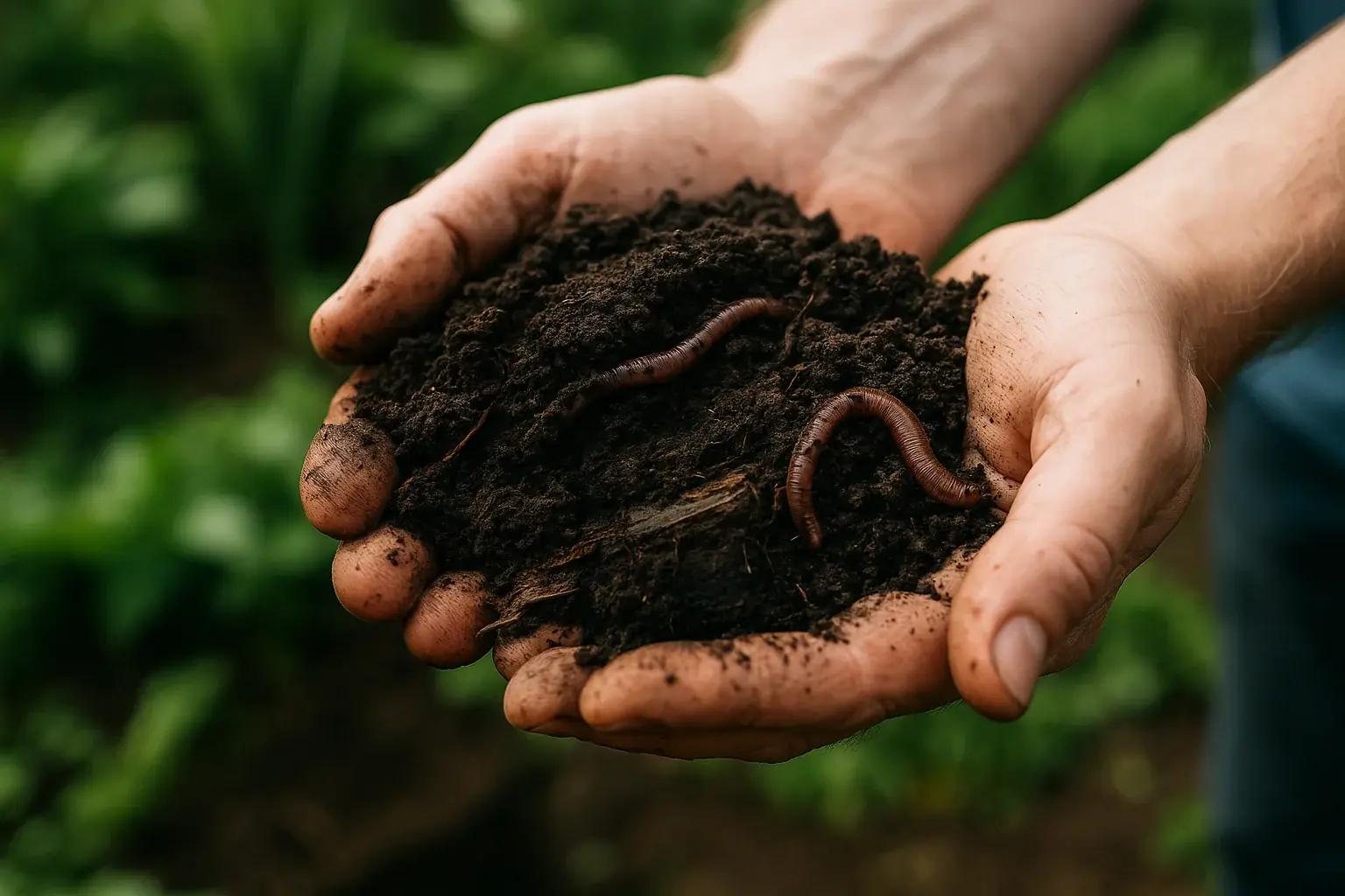 Hands holding dark rich garden soil showing crumbly texture