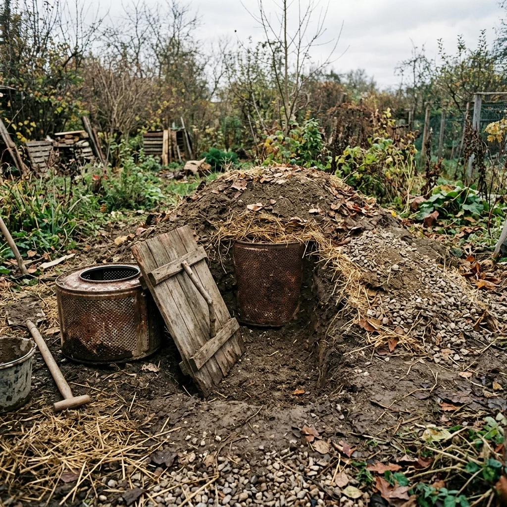 Mini root cellar made from a washing machine drum being set into a dug hole in the garden