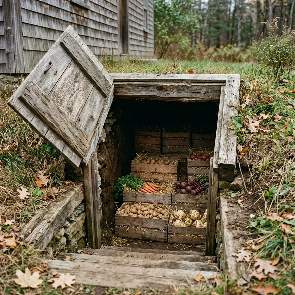 Open entrance of a traditional root cellar filled with crates of root vegetables and potatoes