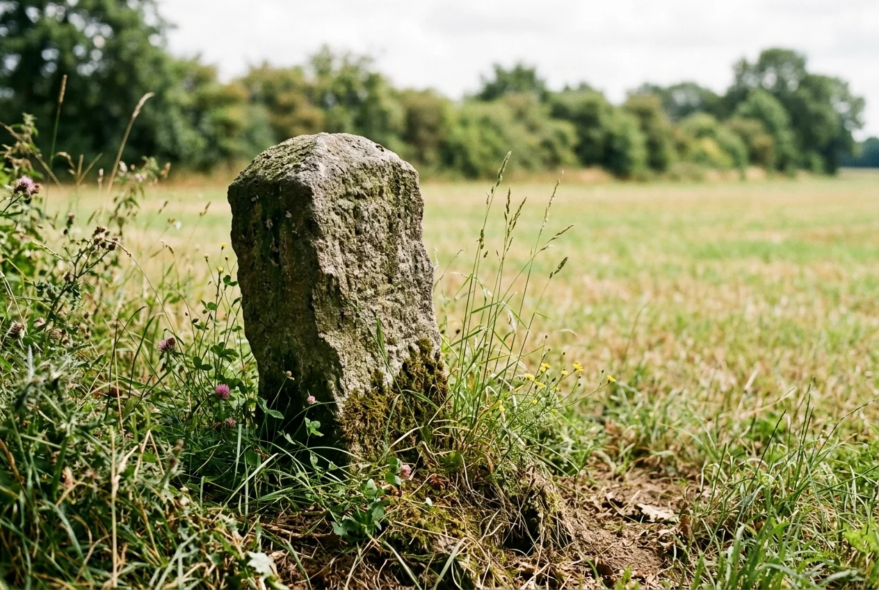 A weathered boundary stone marks a property line at the edge of a field