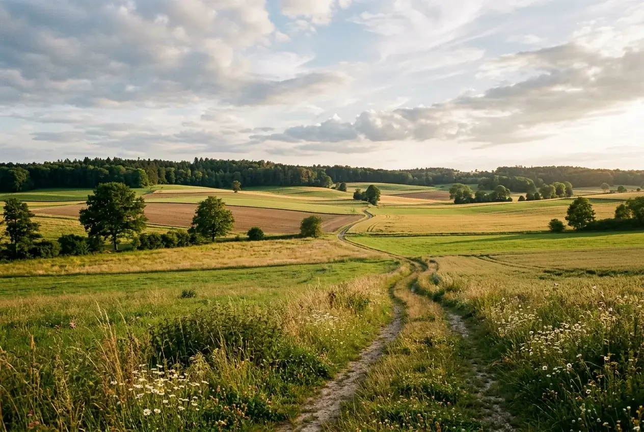 Wide agricultural fields and meadows under a cloudy sky in a rural German landscape