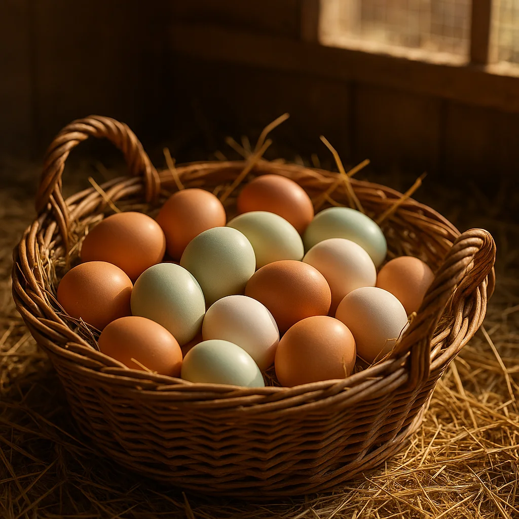 Fresh eggs in various colors in a wire basket