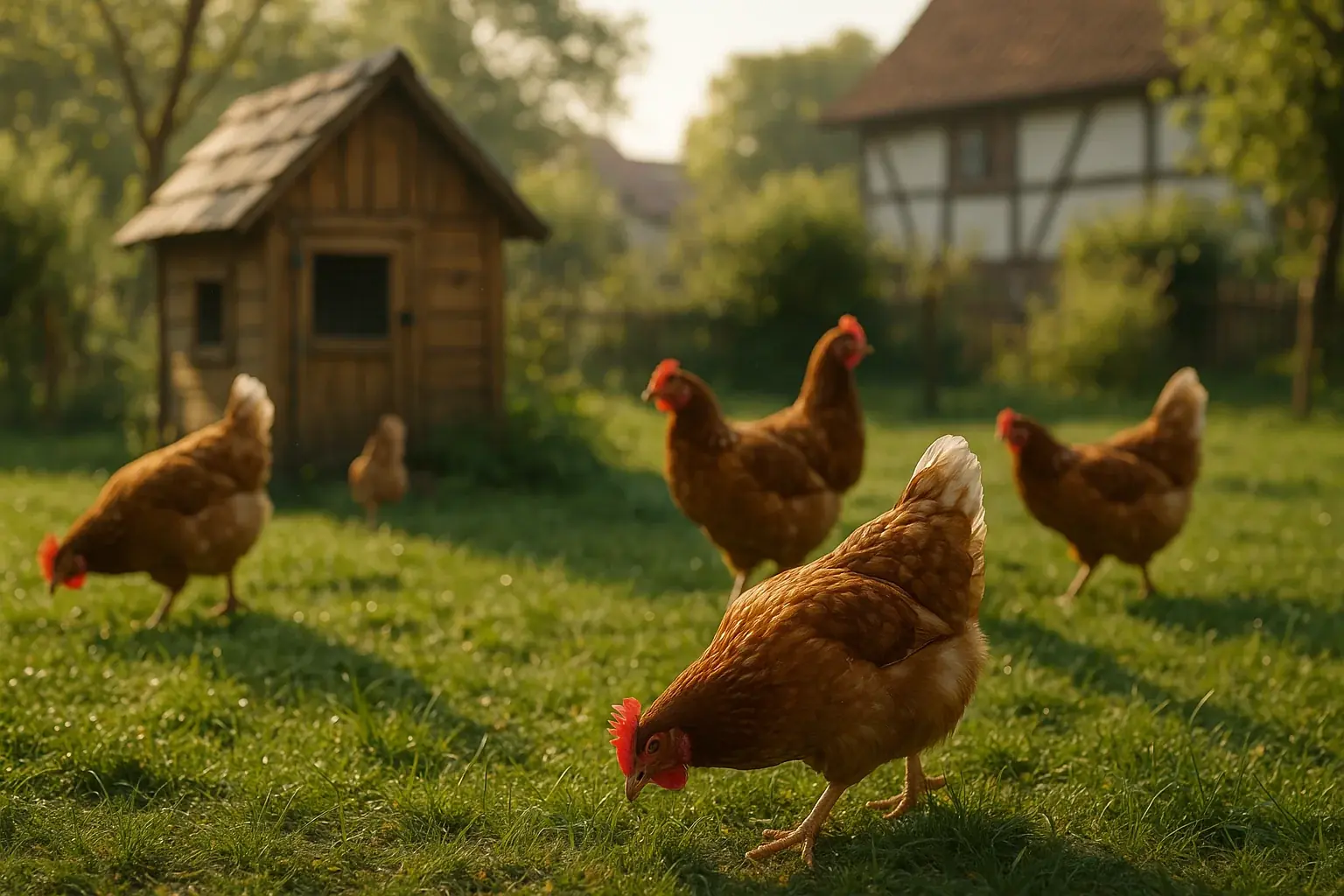 Free-range chickens in a backyard garden with wooden coop