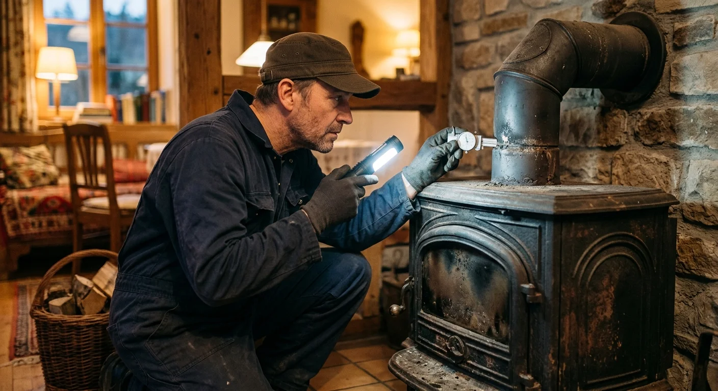 Technician inspecting an old cast-iron wood stove with a flashlight and measuring device near the flue pipe