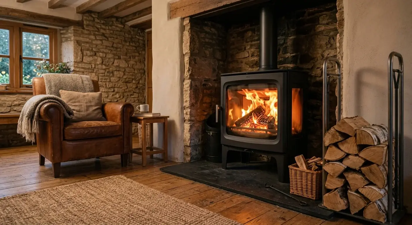 Burning wood stove in a cozy living room with stacked firewood