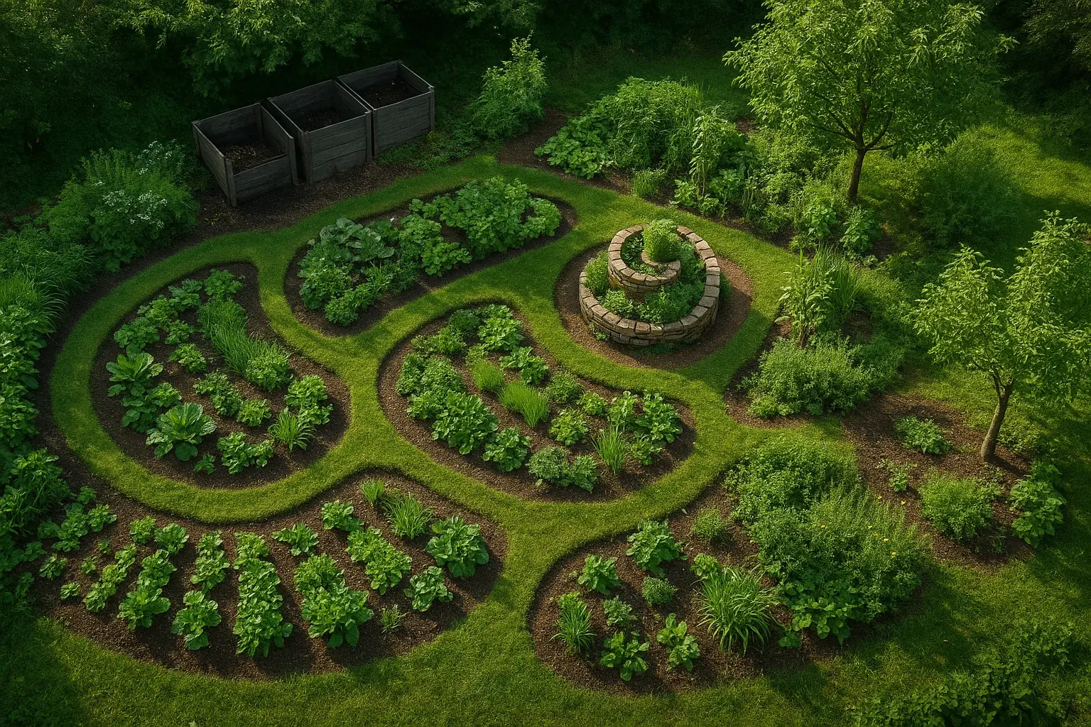 Aerial view of a permaculture backyard garden with curved beds and herb spiral