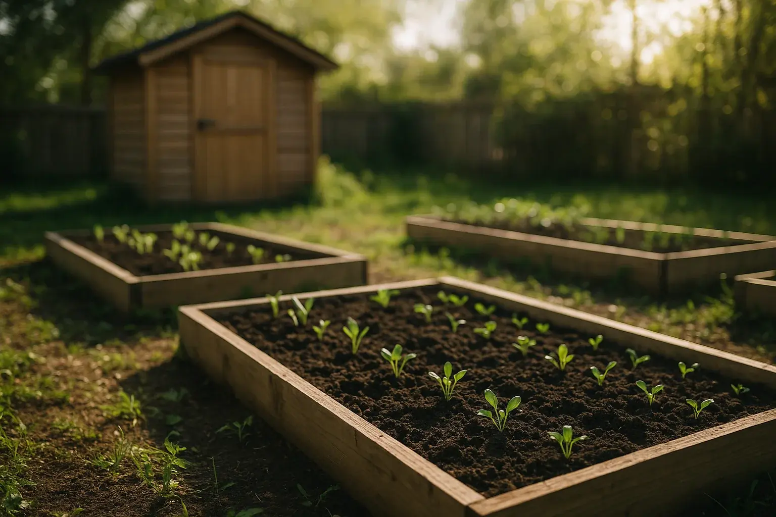 Small self-sufficiency garden with raised beds and young seedlings in spring