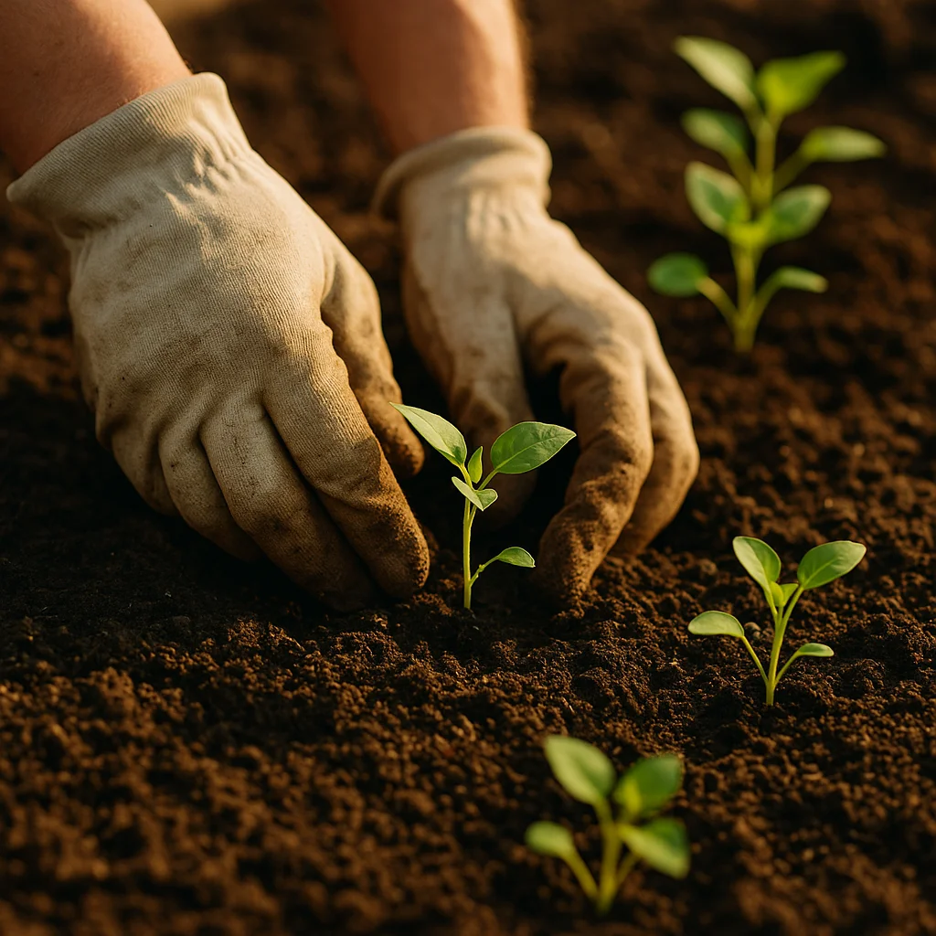 Hands planting young seedlings into dark garden soil
