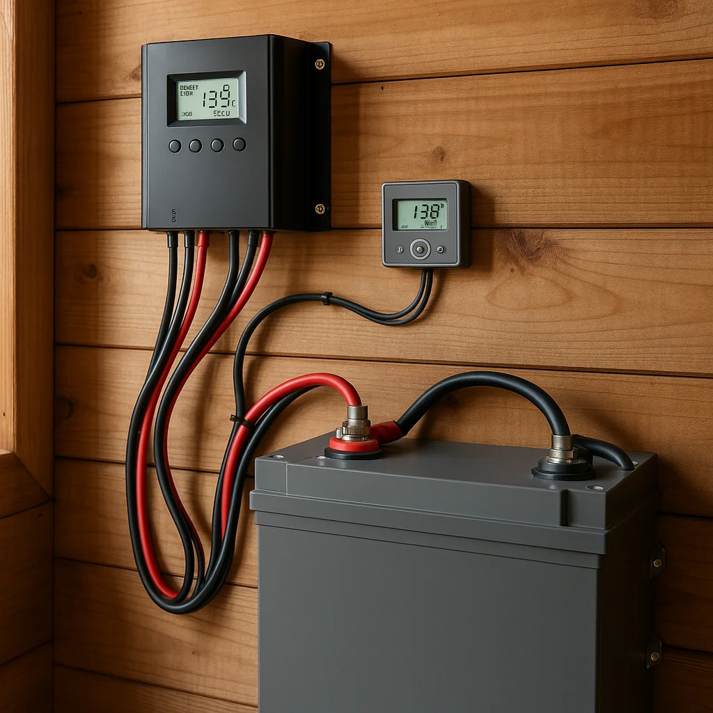 LiFePO4 battery bank next to MPPT charge controller in an equipment cabinet