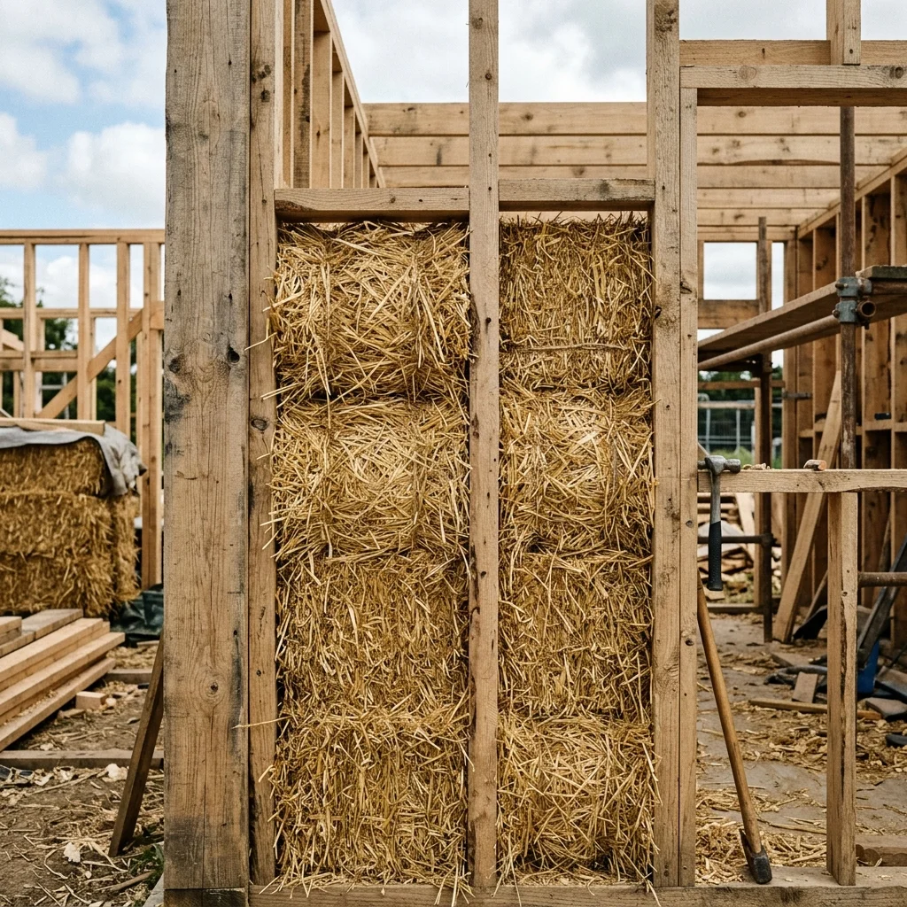 Strohballen werden als Dämmung in ein Holzständerwerk auf einer Baustelle eingebaut