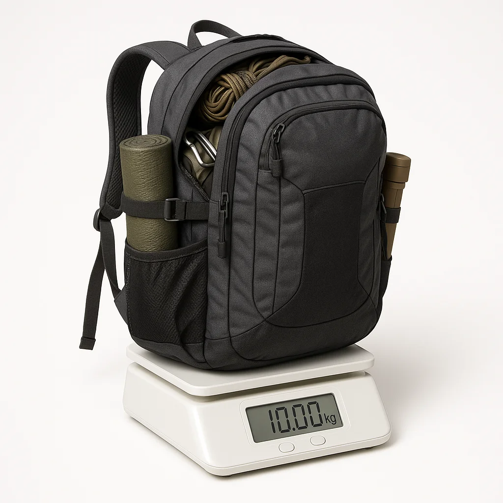 Ausrüstungsgegenstände eines Notfallrucksacks auf einer Waage