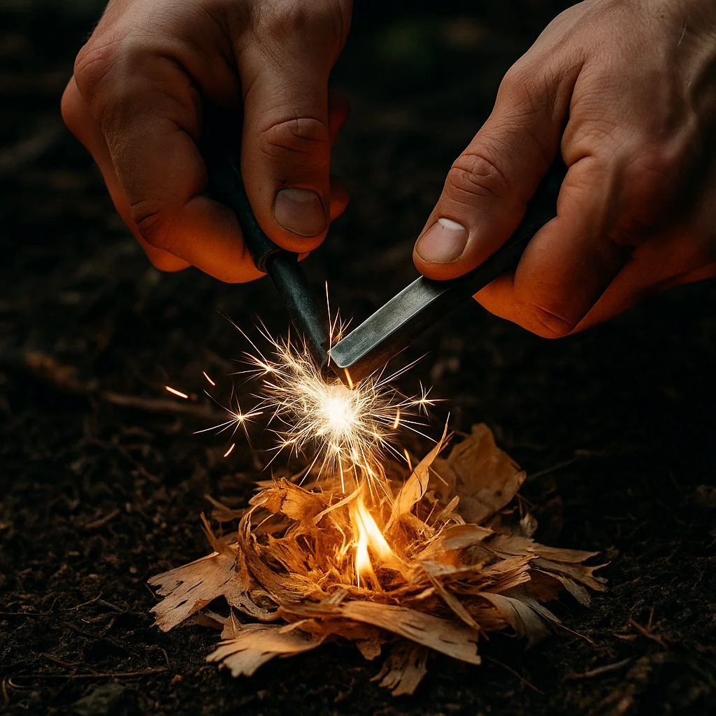 Ferro rod producing sparks on birch bark tinder