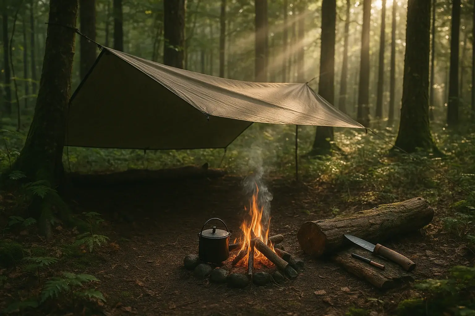 Bushcraft campsite with tarp shelter and campfire in a forest