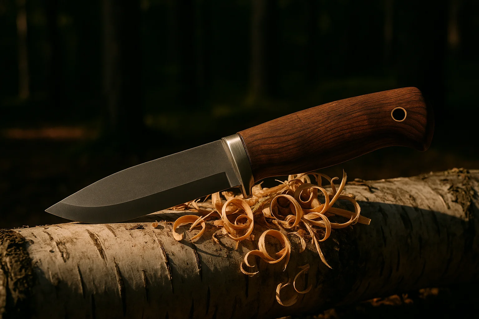 Bushcraft-Messer mit Full-Tang-Konstruktion auf einem Holzstamm im Wald