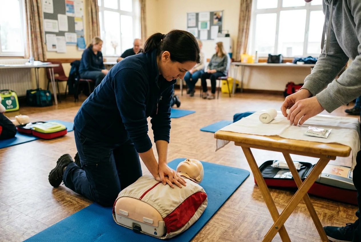 Person practicing chest compressions on a training mannequin during a first aid course