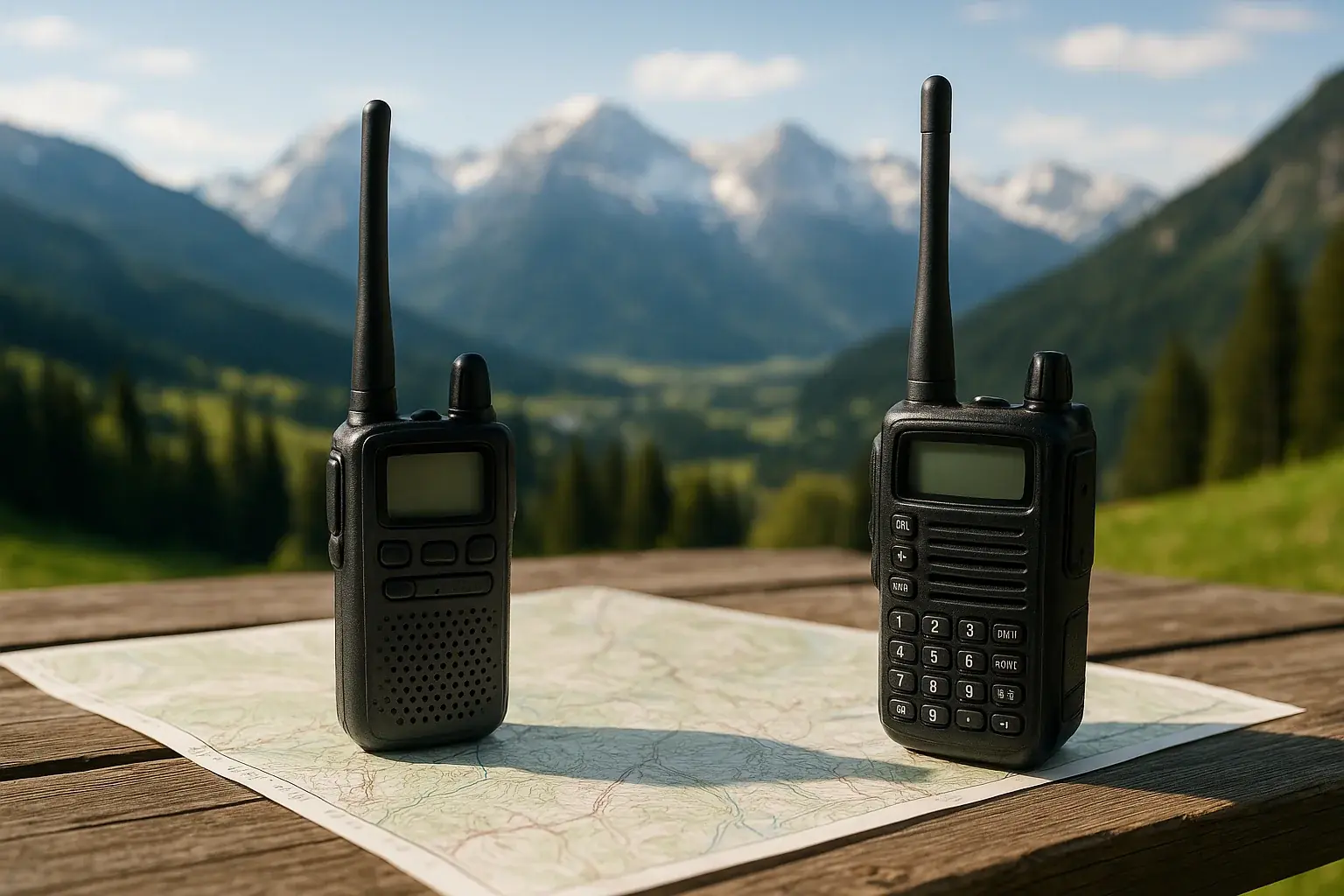 Handheld two-way radios on a table with a topographic map