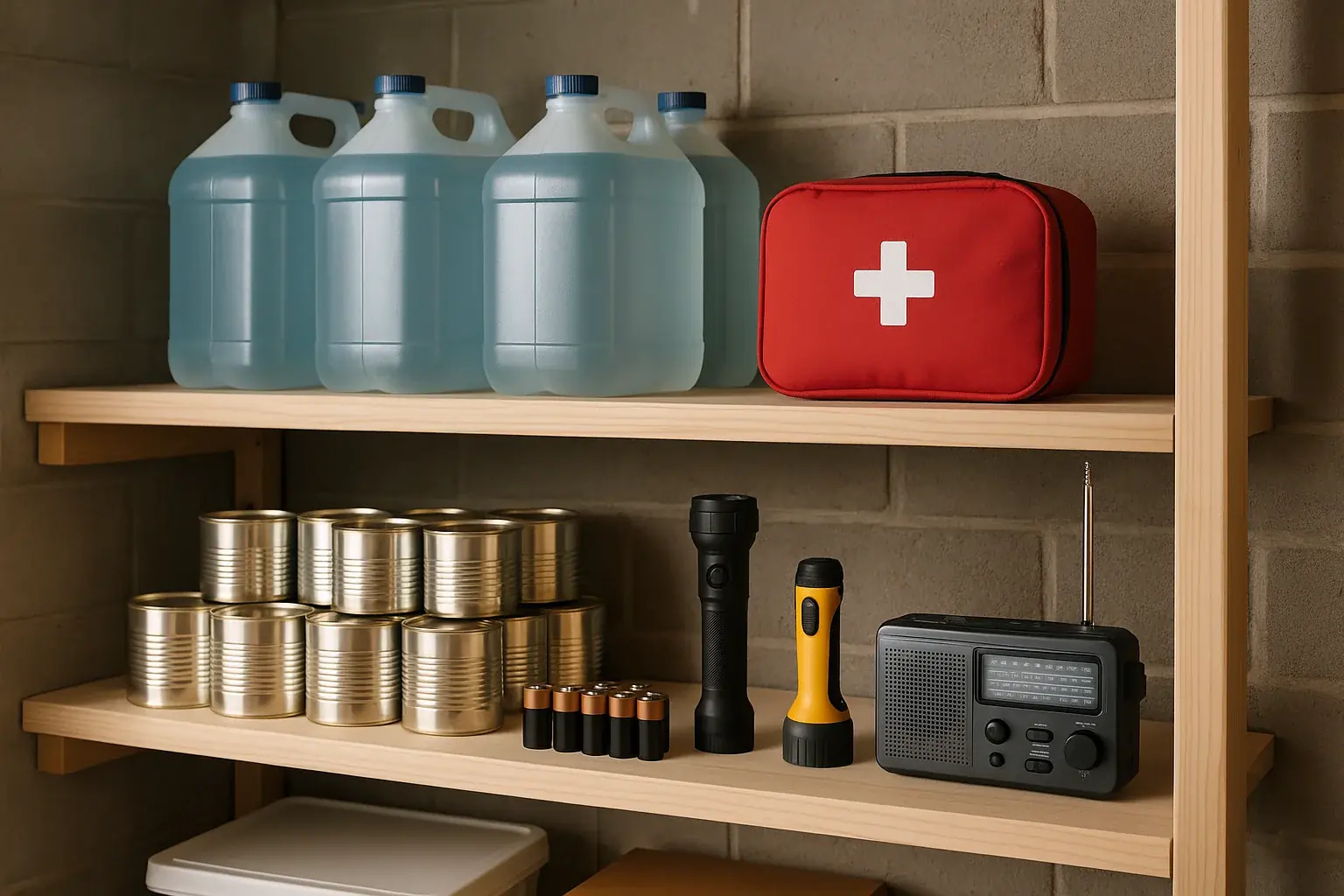 Emergency supplies organized on shelves in a storage room