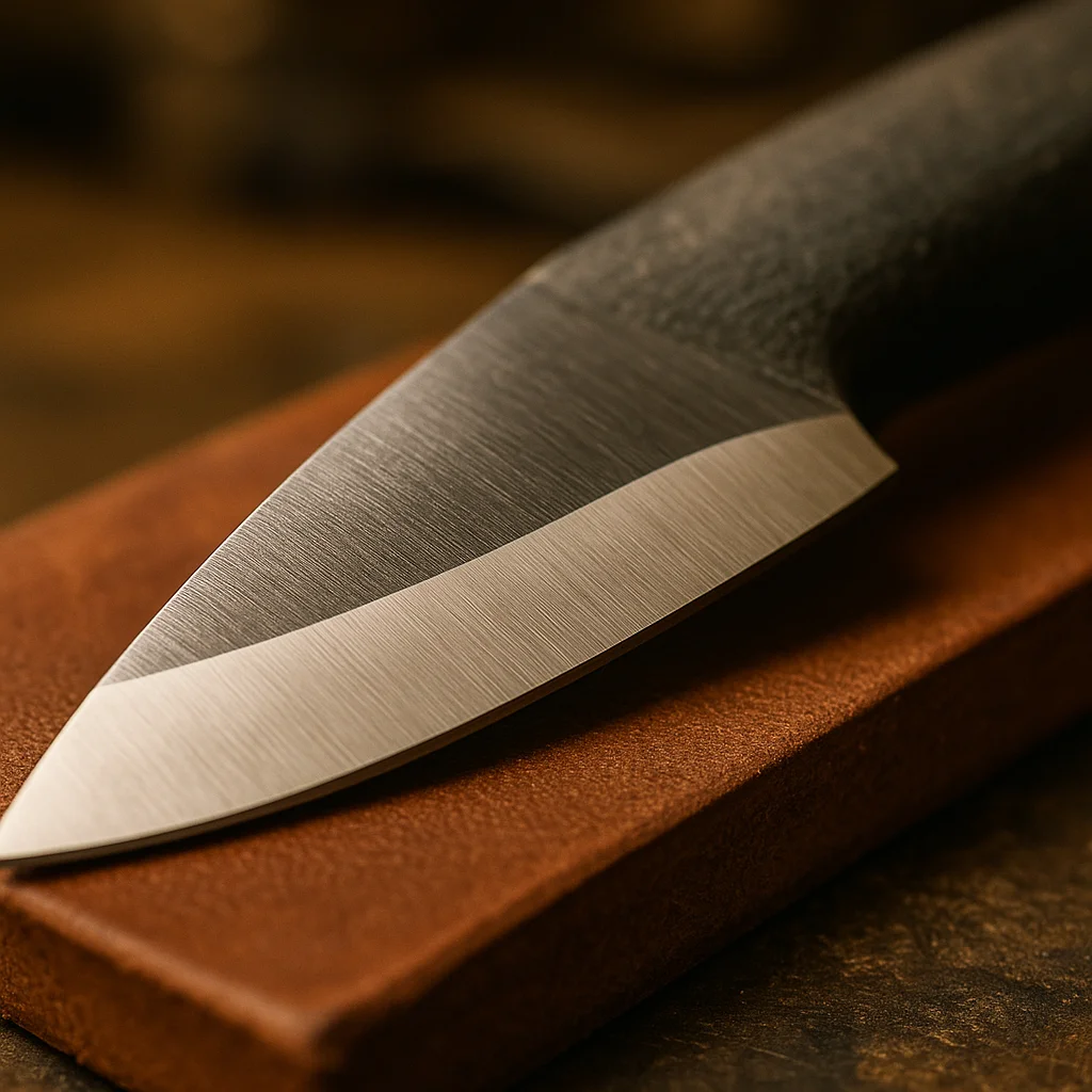 Nahaufnahme eines Scandi-Schliffs an einem Bushcraft-Messer auf einem Schleifstein