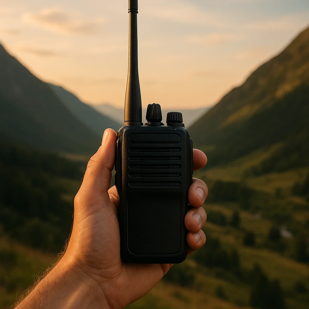 Pair of PMR446 radios next to a map and headlamp