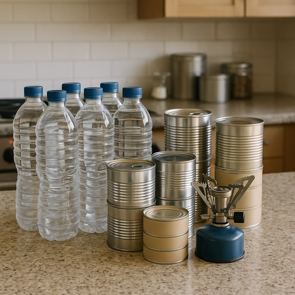Neatly labeled storage containers and water canisters on a basement shelf